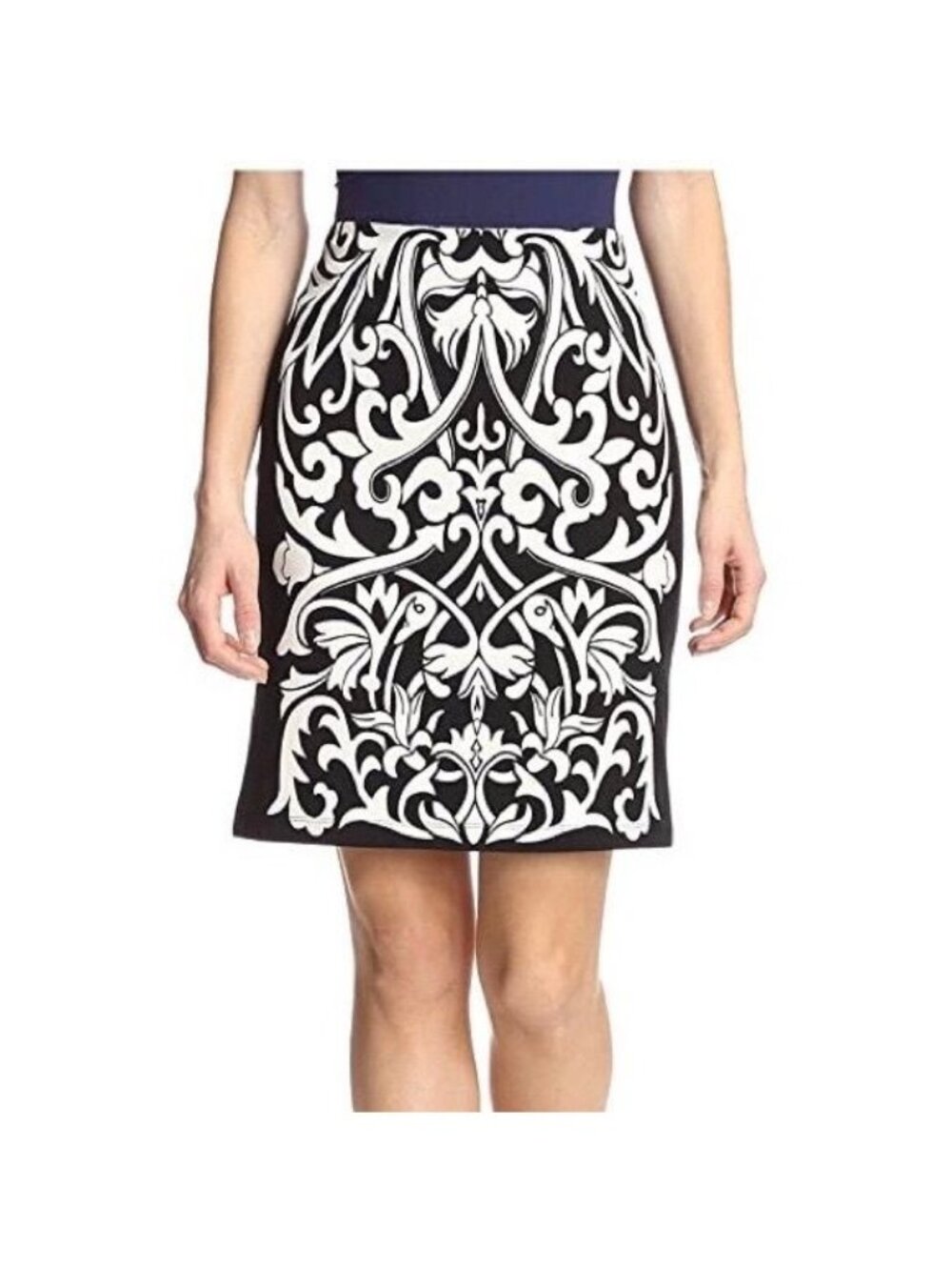 J McLaughlin Womens Lucy Scroll Print Pencil Skirt Black Cream Ponte Knit size 8